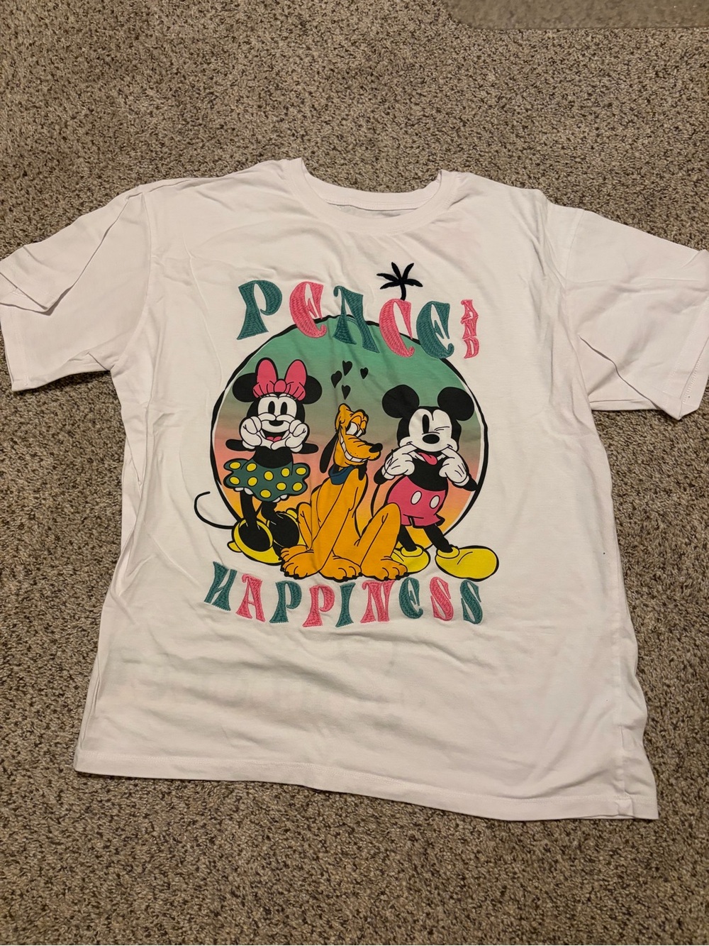 Mickey, Minnie, and Pluto Tee. Embroidered Words. NWOT.